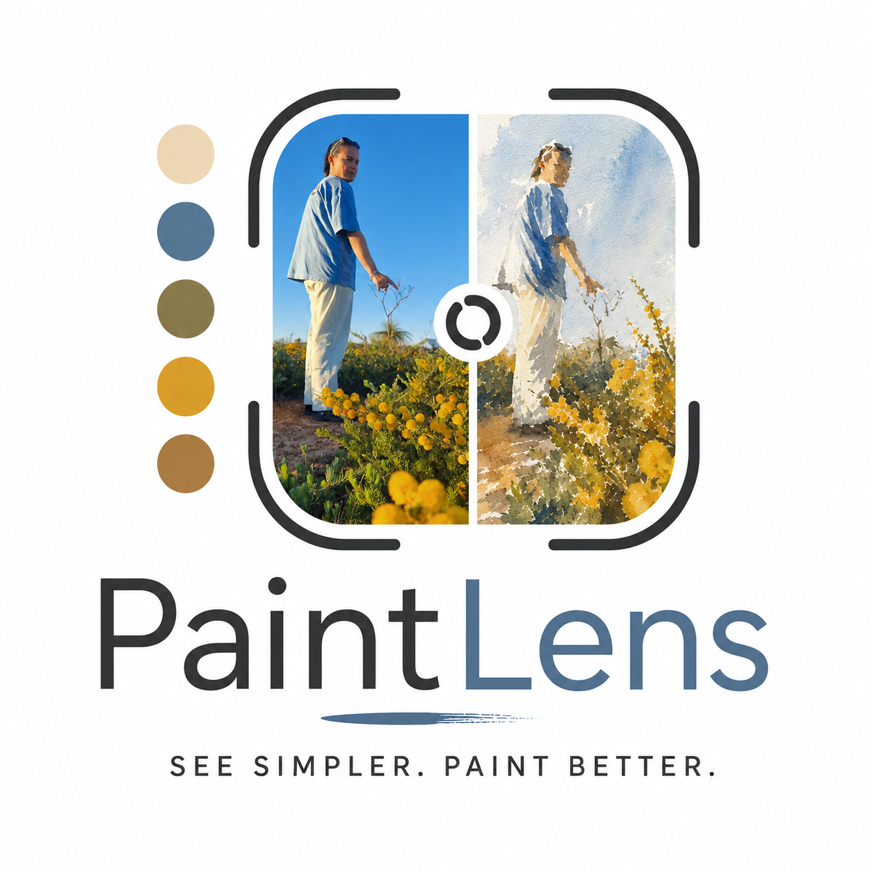 PaintLens logo: a photo beside its watercolour study, with a limited palette