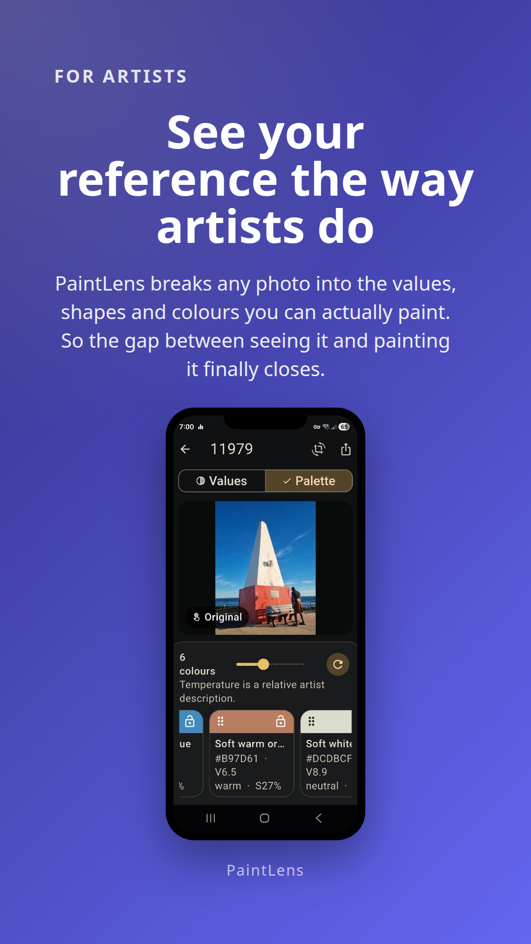 PaintLens phone screen showing a simplified value study