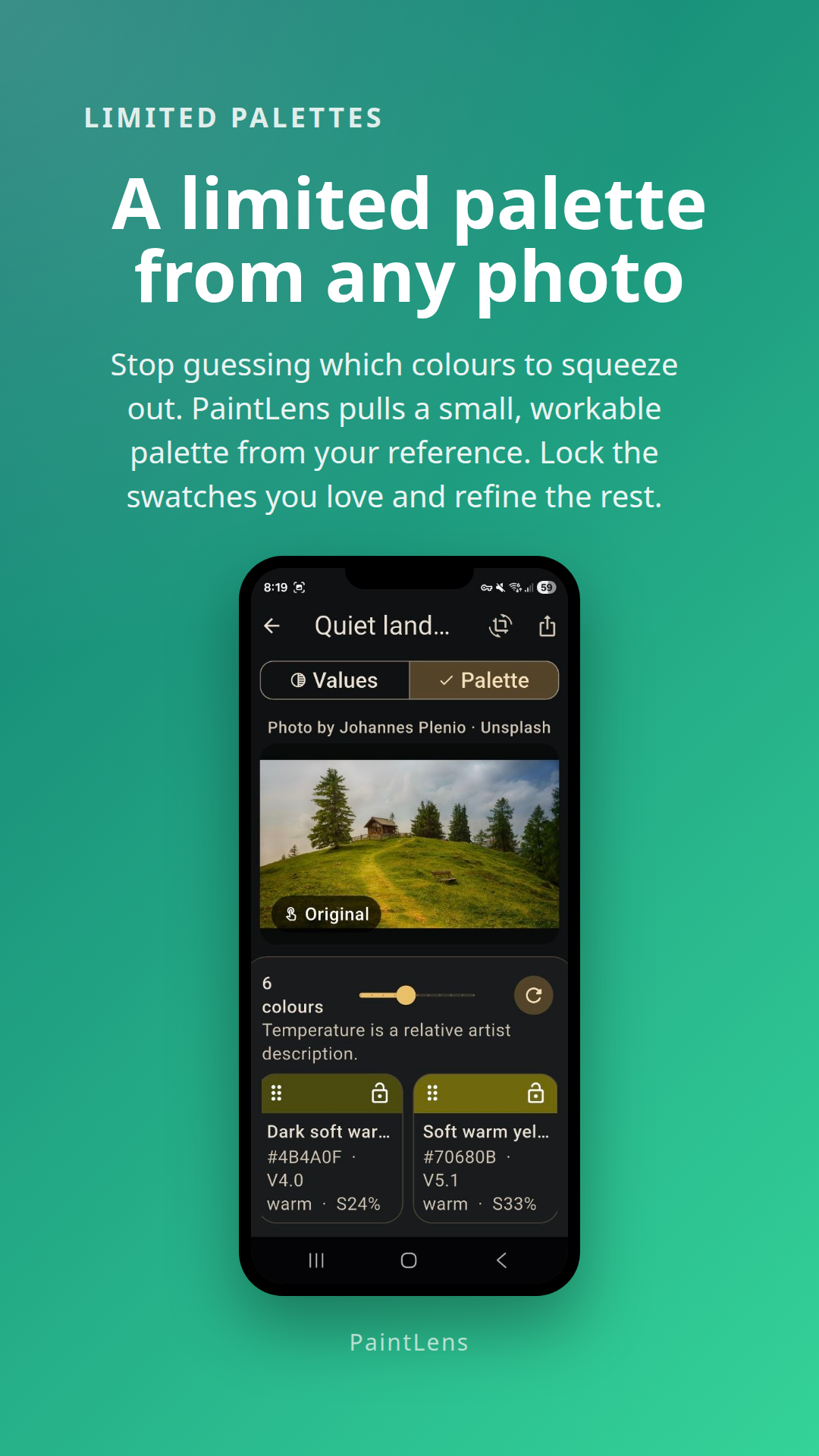 PaintLens phone screen showing a limited colour palette recipe